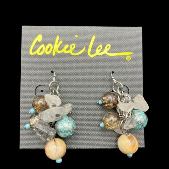 Vintage Cookie Lee Earrings Multicolored Bead Cluster Silver Tone Teal Brown NEW - Picture 2 of 6